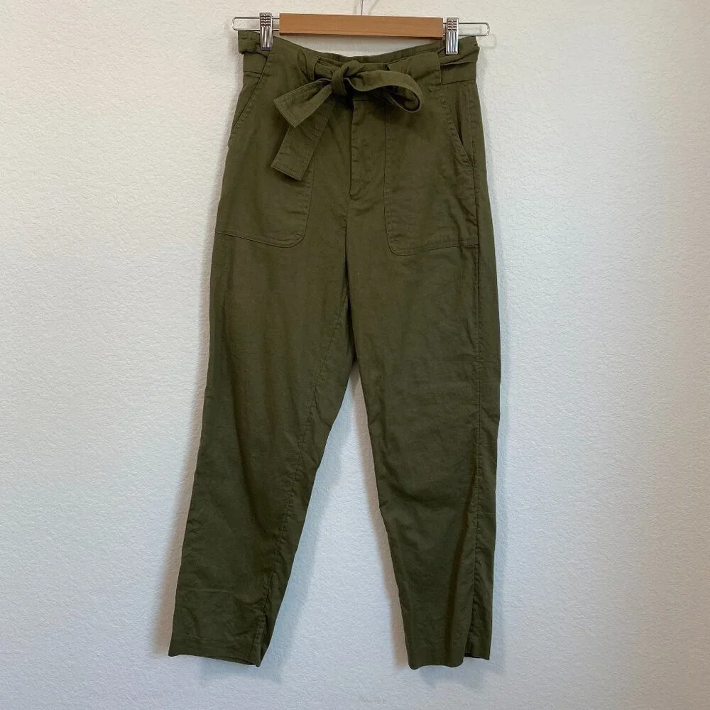 Banana Republic Green Linen Blend High-Waist Paper Bag Trousers Pants Size 0